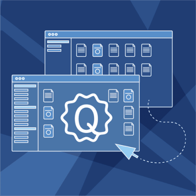 Qualität-Lehre-Sujet mit einer grafischen Darstellung von 2 Webscreens mit dem Q-Lehre-Logo und Dateisymbolen