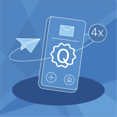 Q-Lehre Newslettersujet mit Smartphone, Briefsymbol, Nachrichten und dem Hinweis 4 mal