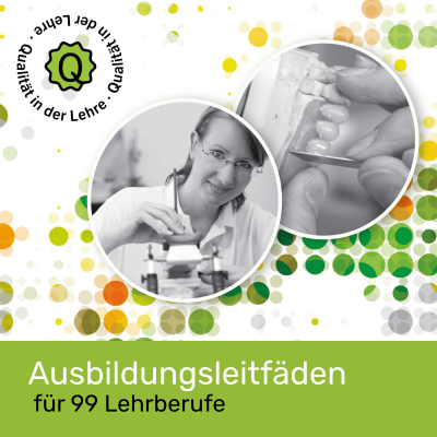 Ausbildungsleitfäden für 99 Lehrberufe und zwei Bilder von Lehrlingen bei der Arbeit