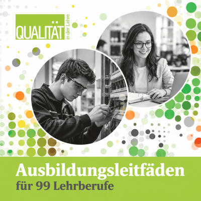 Ausbildungsleitfäden für 99 Lehrberufe und zwei Bilder von Lehrlingen bei der Arbeit