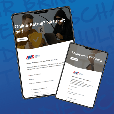 Zwei Tablets mit Beispielscreens zum E-Learning: Online-Betrug? Nicht mit mir! und Meine erste Wohnung