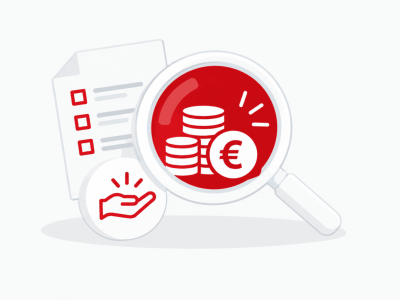 Symbole wie Lupe und Geld für finanzielle Unterstützungsmöglichkeiten