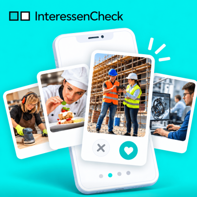 InteressenCheck am Smartphone mit 4 Bildern, eine Tischlerin, eine Köchin, zwei Personen auf der Baustelle und Techniker am Computer