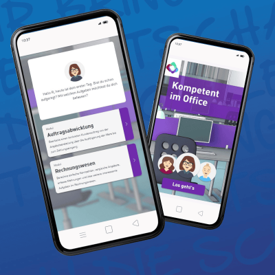 Zwei Handys mit Screenshots zum E-Learning Kompetent im Office - Startseite und Begrüßung