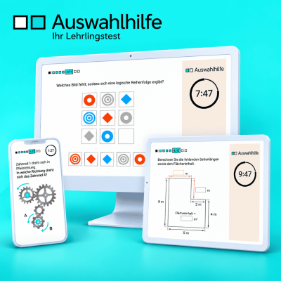 Auswahlhilfe mit drei Beispielaufgaben: logisches Denken am Bildschirm, Rechnen am Tablet und eine Zahnradaufgabe zum technischen Verständnis am Smartphone