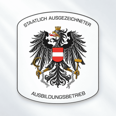 Siegel "Staatlich ausgezeichneter Ausbildungsbetrieb" mit österreichischem Bundesadler